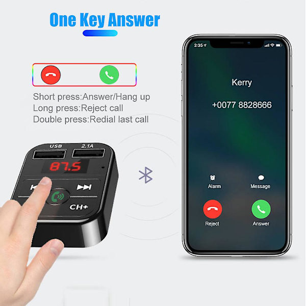 Auton Bluetooth 5.0 FM-lähetin Langaton sovitin Mikrofoni Äänen vastaanotin Auto MP3-soitin 2.1A Kaksi USB-porttia Nopea laturi Auton lisävarusteet