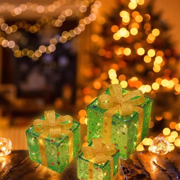 Christmas Decorations 3-Pack with LED, Illuminated Gift Boxes Indoor & Outdoor with 8 Modes and Remote Control