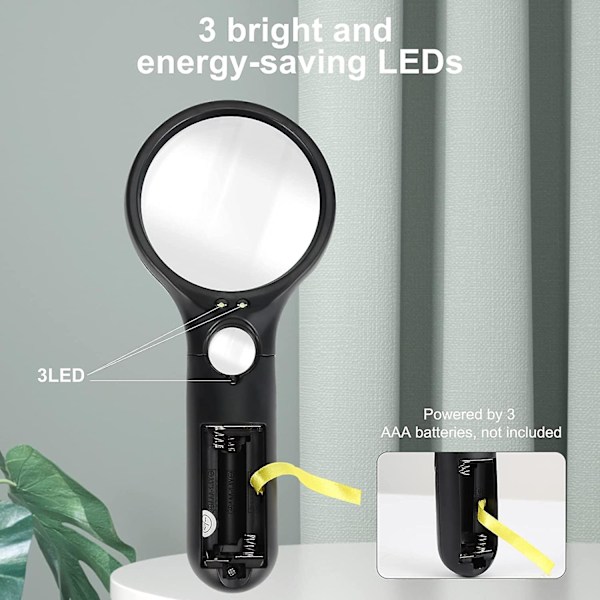 Lighted Reading Magnifier, Illuminated Magnifying Glass With 3 Led Lights For Seniors Or Visually