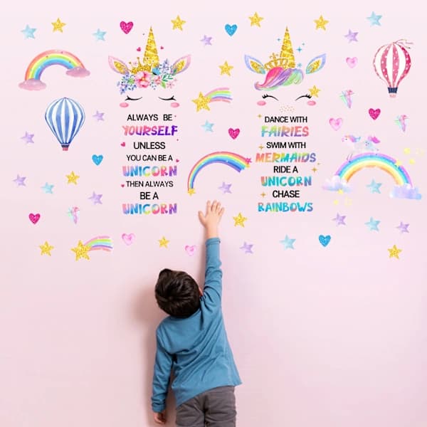 Unicorn Rainbow Hot Air Balloon Wall Sticker Pack Vardagsrum Sovrum Barnrum Dekorativ Väggdekal