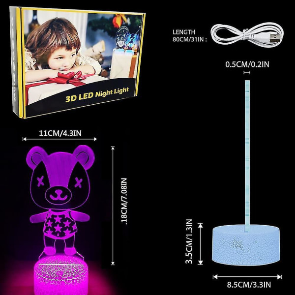 Animal Crossing 3D nattlampa, 16 färger byter tecknad USB-skrivbordslampa Illusion Lighting med fjärrkontroll för heminredning Present till barn (Stit