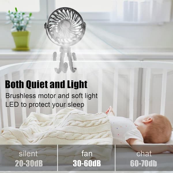 Mini Klapvognsventilator, USB Genopladelig, Stille, 3 Hastigheder, 360° Roterende, Silikone Stativ, Til Babyklapvogne Og Barnesenge, Sort