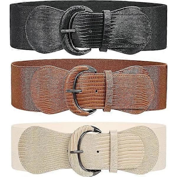 HA~3-pak Dame Strækbart Bredt Taljebælte til Kjole, Elastisk Bælte med Krogspænde til Kostume (Sort+Brun+Beige)