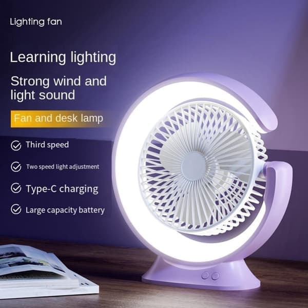 Multifunktionel roterbar skrivebordsventilator med LED-lampe – 3 hastigheder, USB-opladning