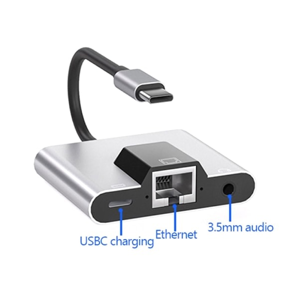 /HH/Typ-C till Ethernet LAN Nätverksadapter Hub USB C till 3,5 mm ljud och PD