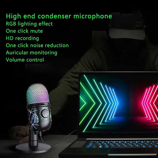 USB Kondensatormikrofon RGB Mikrofon Trådløs Spill Live Opptak Studio Streaming Bærbar PC Esports Ga