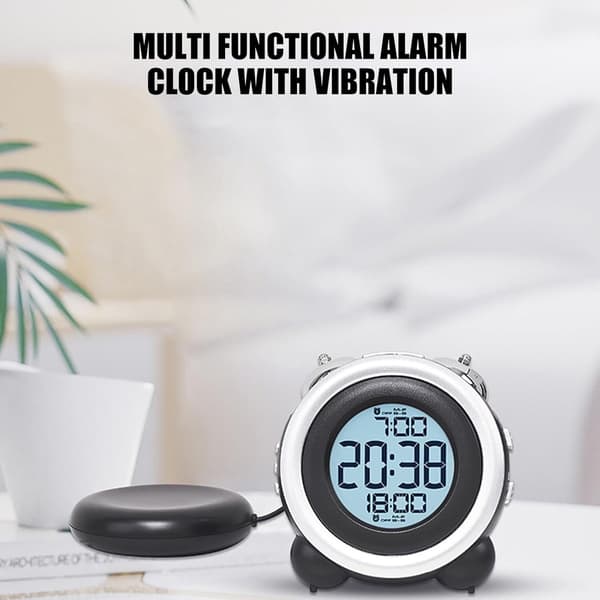 Vibrerende Vækkeur Med Pudevibrator, Høj Klokke, Dobbelte Alarmer Og Stort LCD-Display Til Dybe Sovende, Studerende, Sort