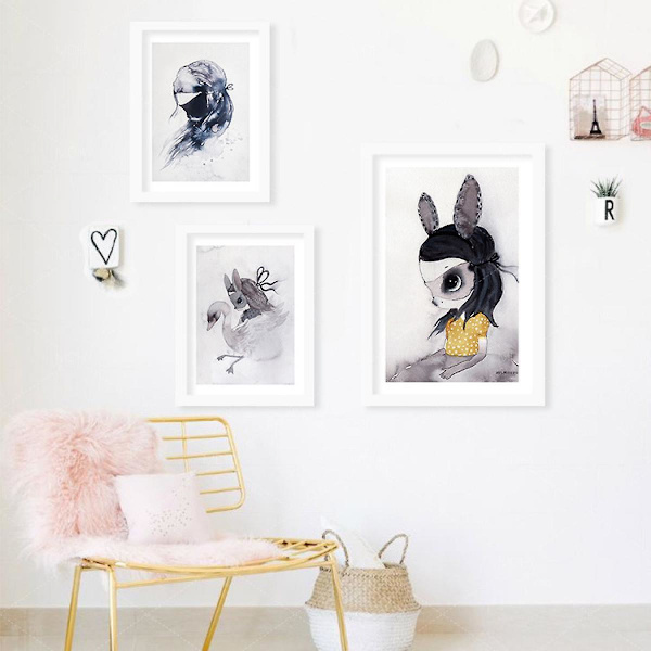 Wekity Miss Rabbit Väggkonst Canvas Tryck Affisch, Enkelt Sött Akvarellkonst Ritning Dekor för Hem Vardagsrum Sovrum Kontor och Barnrum (Set