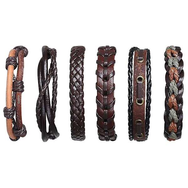 Lær armbånd, 6 stk justerbart mote punk flettet menn og kvinner tau armbånd mansjett vintage armbånd wrap sett serie -aya
