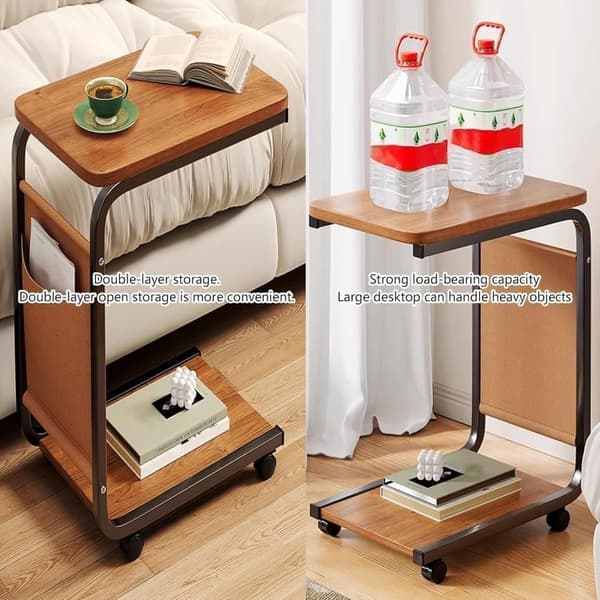 Rullbart sidobord & soffbord – C-format kaffebord i trä med förvaring & 360° hjul för soffa/säng