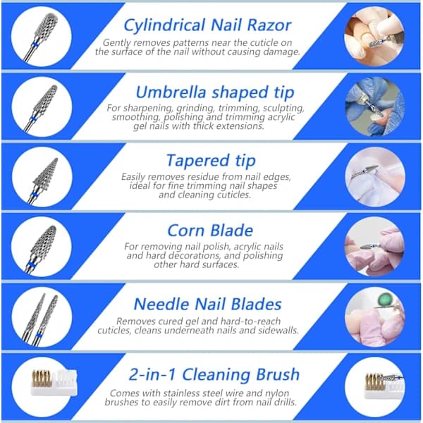 HA~6 Pcs Nail Drill Bits, 3/32 Inch Nail Drill Bit Set for Manicure, Dead Skin Removal