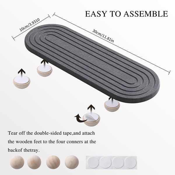 Diatomit Vask Organizer Bakke, Absorberende Hurtigtørrende Rillet Måtte Med Træfødder Til Badeværelse Og Køkken, Mørkegrå, 30 X 10 Cm