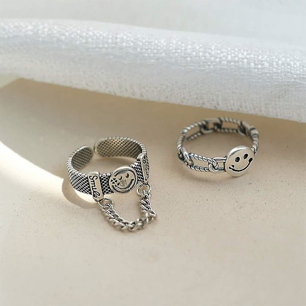 Gotisk kno ring sæt 2 stk Smiley finger ring med kæde kvast halv åben midi ring til kvinder eller mænd-hao