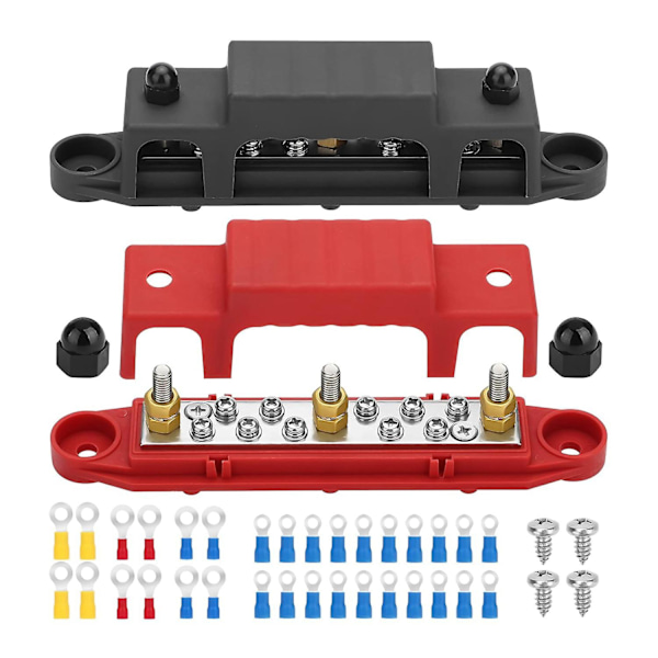 2 stk. samleskinne, 12V strømfordelingsblok, 3x 1/4in (m6) terminalbolte, 10x 5/32inch () terminalskruer