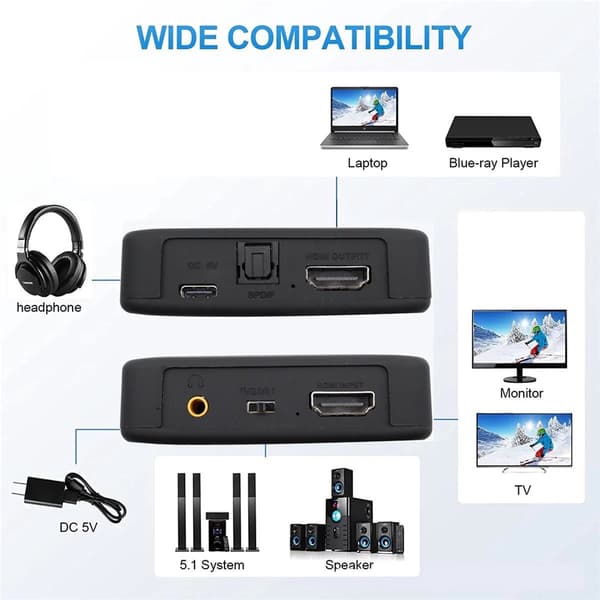 HDMI Audio Extractor 4K med Toslink SPDIF Optisk og 3,5 mm lydudgang, USB-kabel, til TV, skærme og hjemmelyd, sort