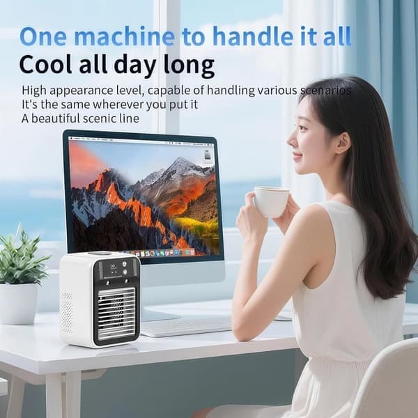 Bærbar 4-i-1 Luftkøler & Luftfugter – Mini AC med LCD-display, 2 Hastigheder, USB & Genopladelig Ventilator