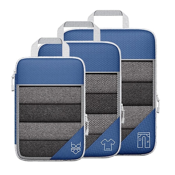 3-pack Bärbara Väskor Resekomprimerbara Förvaringsfodral Set Mesh Visuell Bagageorganisatör, blå