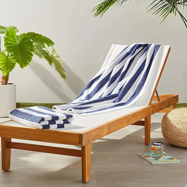 HA~Sæt med 2 100% Bomuldsfrotté Stribede Strand-/Poolhåndklæder, Bløde og Absorberende, 76 x 152 cm, Marineblå