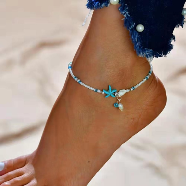 Turkis Anklet Multilayer Beads Anklet Armbånd Sett Håndlaget Strandfot Tilbehør for Kvinner og Tenåringsjenter