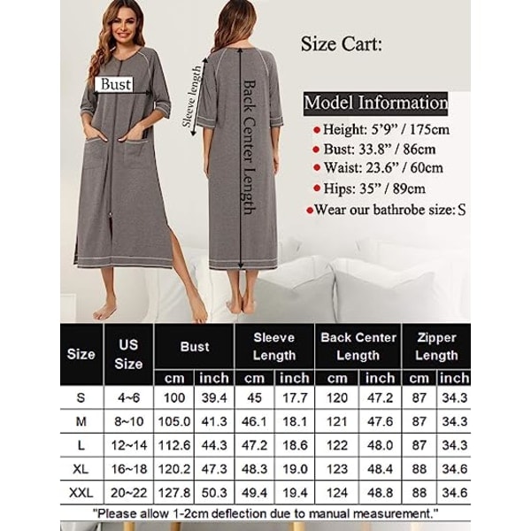 /HA/Vetoketjullinen kotimekko, jossa 3/4-hihat, aamutakki, täyspitkä pyjama, naisten vapaa-ajan vaate taskuilla, harmaa, S-XXL