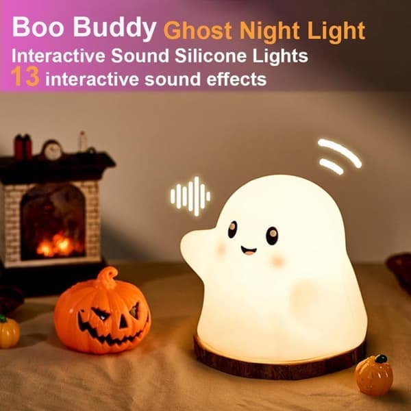 Spooky Silicone Night Light for Kids - White Ghost Shape with 13 Interactive Sound Effects - 11.5x11.5x10.5 cm