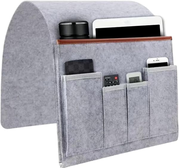 Sofaarmlene-organisator, filtsofa-caddy med 5 rom for fjernkontroll, bøker og telefon, grå, for sofa, hvilestol og seng