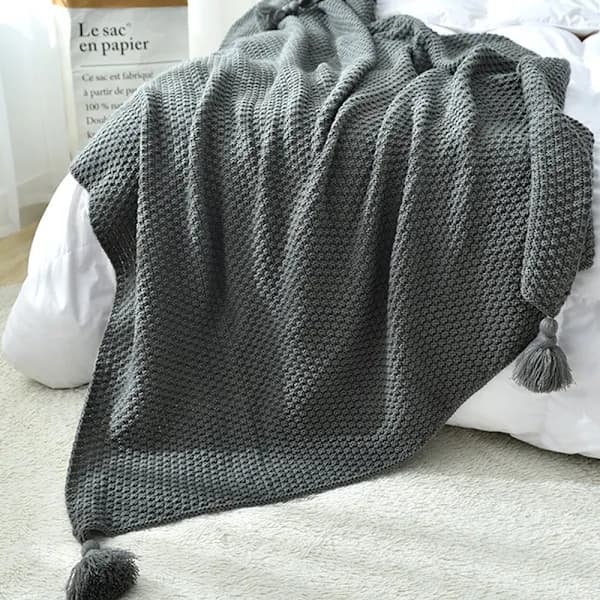 Myk strikket ullteppe med dusker, Boho-teppe, koseteppe, sofateppe, pledd for sofa seng stol, mørkrosa 130 x 200 cm 70*100cm