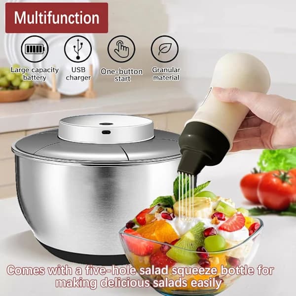 HA~Salladsslunga Rostfritt Stål Automatisk Salladsslunga Trådlös Elektrisk Salladsslunga, USB Uppladdningsbar, Frukt Grönsaks Dehydrator