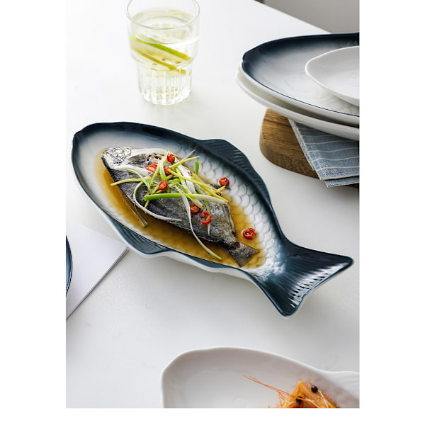 Fisketallerken i keramikk, serveringsfat, fiskeformet serveringsfat med tekstur, matfat, serveringsfat for fisk, sushi, frukt eller ost