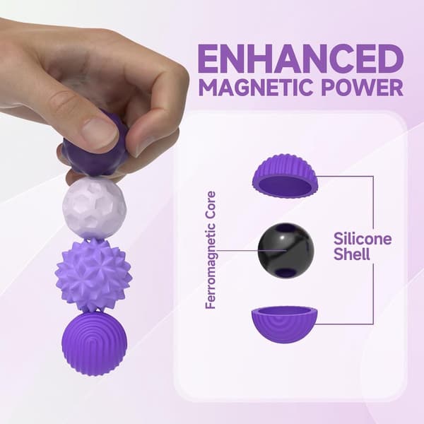 Magnetiske Fidget Balls, 8-delt Tekstureret Silikone Stressaflastningssæt, Stille Sensorisk Legetøj til Alderen 12+, Lilla og Hvid