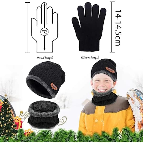 Stickad barnmössa, halsduk, vinterhandskar, halsvärmare med dubbel fleece