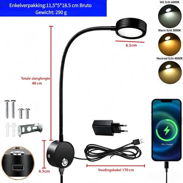LED-seinälukuvalo, kosketushimmennettävä, 3 värilämpötilaa, 360° joutsenkaula, USB-virta, sängynvieri, musta
