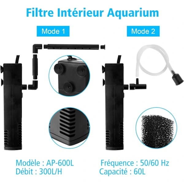 Akvarievattenflödesfilter 4W 300L/H Internt akvariefilter 60L Akvariepumpfilter med filter S