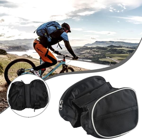 Cykeloverrørs-tasker, sæt med 2, vandtæt polyester, reflekterende striber, 4 lommer, velcrolukning, til mountainbiking, sort