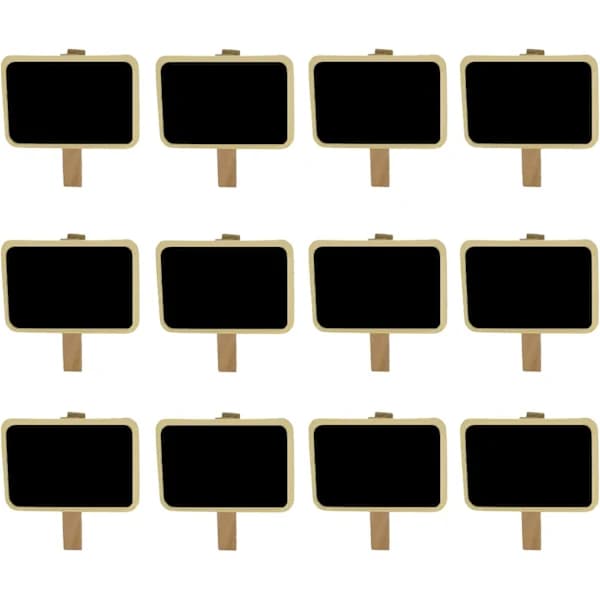 12 Mini Rektangulära Svarta Tavlor med Träklämmor, Meddelandetavlor och Etikettklämmor