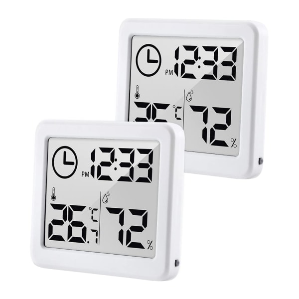 [2-pack] 3,2-tums digital hygrometer inomhus, rumstermometer med klocka, högnoggrann temperaturfuktighetsmätare med magnet för hemmet