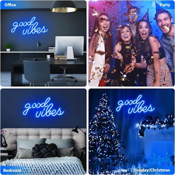 Blå neonskylt med texten \"Good Vibes\" - LED-skyltar för väggdekoration, neonljus för sovrum, neonväggskyltar (40,9 x 21,1 cm)