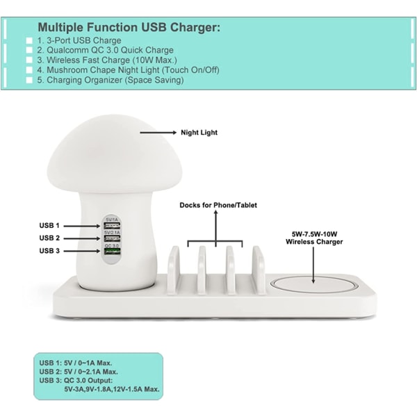 Mushroom LED Light Multi Port USB laddningsstation