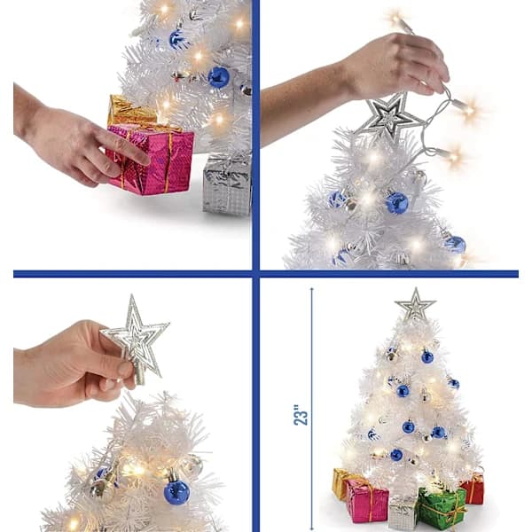 HA-58 cm Small White Christmas Tree with Warm White LEDs - DIY Tabletop Mini Artificial Christmas Tree with Star Topper