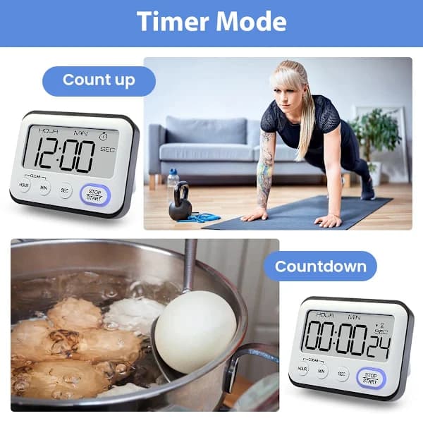 Kökstimer Alarmklocka Multifunktionell Digital Matlagningstimer med Stor LCD-Skärm Magnetisk Stoppur Timer med Klocka, Väckarklocka, Magnet Svart