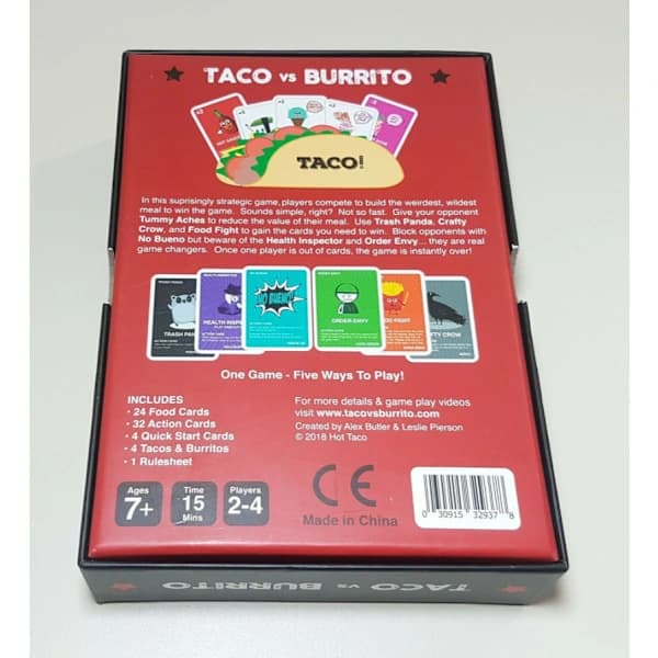 Taco vs Burrito strateginen perheystävällinen korttipeli