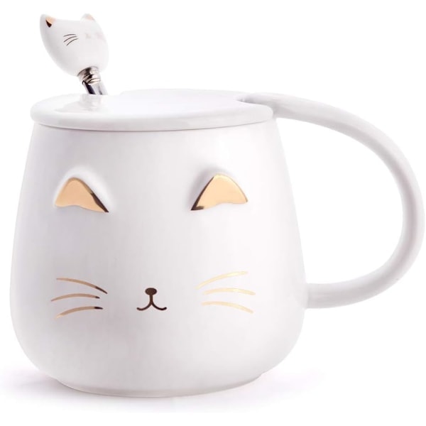 /HA/ Keramisk kaffekrus til hjemmet med rustfri ske - Kattedesign