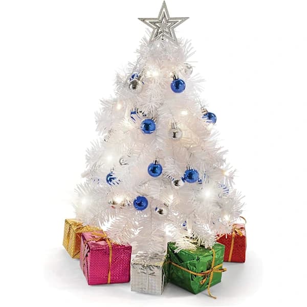 HA-58 cm Small White Christmas Tree with Warm White LEDs - DIY Tabletop Mini Artificial Christmas Tree with Star Topper