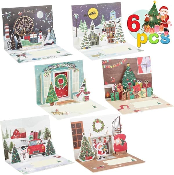 3D Pop Up Julkort, 6-pack för julhälsningar till barn och familj