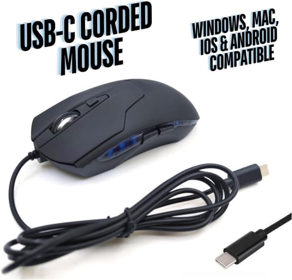 USB C Kablet Gaming Mus, 6 Stille Knapper, 4 DPI Hastigheder, Ergonomisk Design Med LED Baggrundsbelysning, Til Mac, Chromebook Og PC, Sort