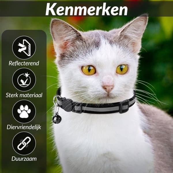 Reflekterende kattehalsbånd med klokke, blødt justerbart sikkerheds-quick-release-spænde, til katte og små hunde, sort, 19-32 cm