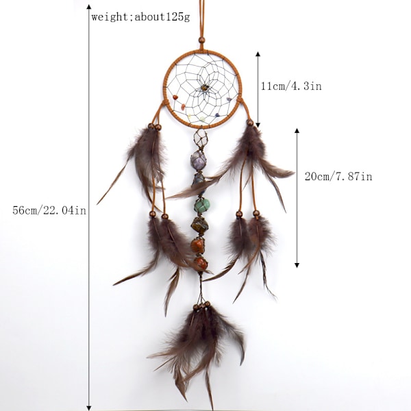 Traditionell drömfångare i brunt mocka i indian stil med benpärlor och fjädrar - 56 cm lång x 11 cm diameter