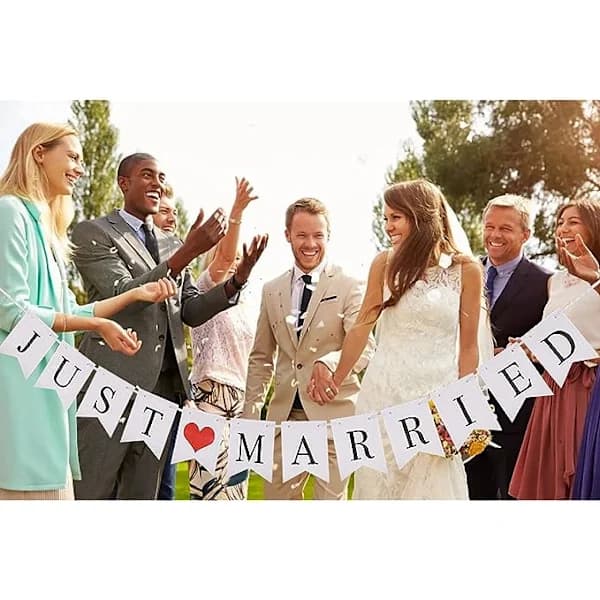 Blå drøm bryllupsbanner  \"just married \", bryllupsdekorasjon