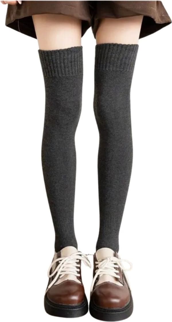 Dame Over The Knee Strømper Sæt med 2 Par, Forede Stræk Termo Vinter Hjemmestrømper til Hjemmebrug og Vinterudflugter, Grå Murstensrød, Størrelse 35-40
