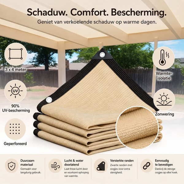 Solsejl, åndbart perforeret net, op til 90 % UV-beskyttelse, til have, terrasse, altan og pergola, beige, 3 x 4 m